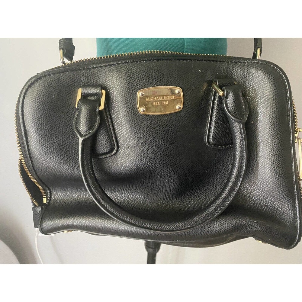 MICHAEL KORS Reese Black Leather Satchel Double Zip Adjust Strap Purse Handbag